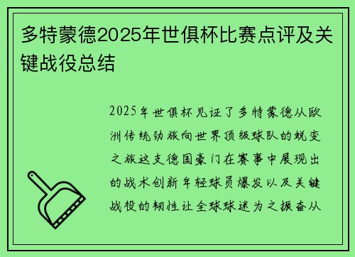 多特蒙德2025年世俱杯比赛点评及关键战役总结